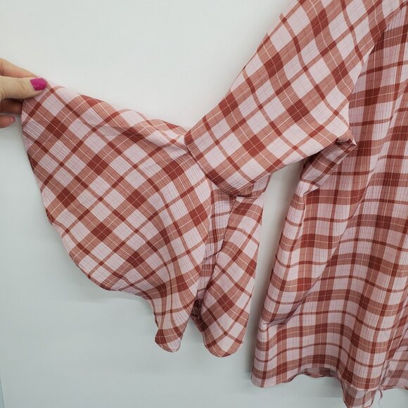 Lauren Conrad Plaid Ruffle Sleeve Blouse Womens L Pink Rust Gingham Cottagecore - Picture 5 of 13